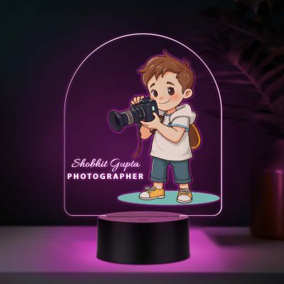 Personalized Photographer LED Night Light, Cartoon Boy with Camera Design, Color Changing Acrylic Lamp Gift for Photographer Boy Office & Home Decor Light